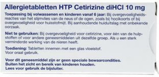 Verpakking met informatie over Allergietabletten HTP Cetirizine diHCI 10 mg.