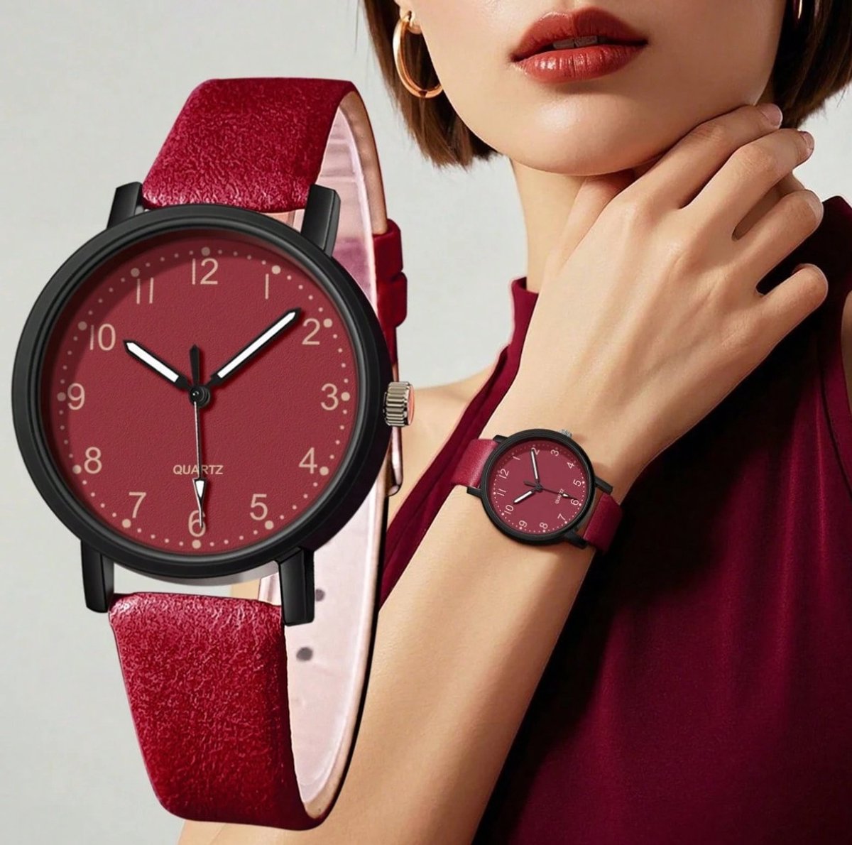 Dames Horloge bordeaux rood - Lichtgewicht Kunststof Behuizing - Retro Wijzerplaat