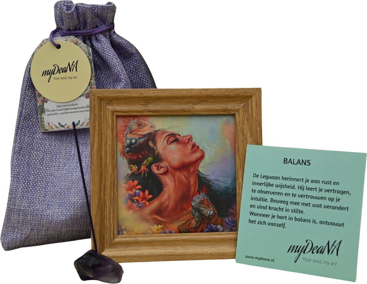 Zakje Balans zakje - Mini artprint Leguaan in lijstje, amethist wierookhouder & wierook - spiritueel geschenk - cadeau vrouw - myDeaNA