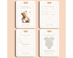 Gepersonaliseerde Babyshower Invulkaarten Startersset - 20 Kaarten | Boho Beige met Beertje | 4 x 5: Baby Voorspellingen, Wens voor de Ouders, Mini Welkomstposter & Cadeautje met Groeipapier | Babyshower Spelletjes | Studio Miron