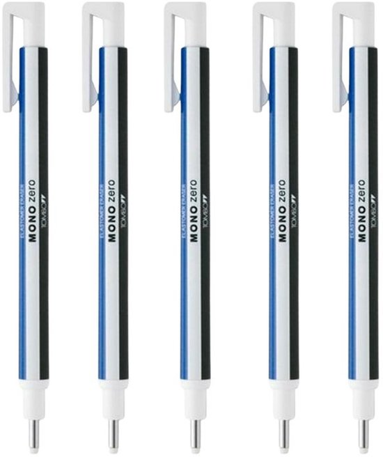 Vijf Tombow MONO zero gumstiften in een rij, met blauwe en zwarte accenten.