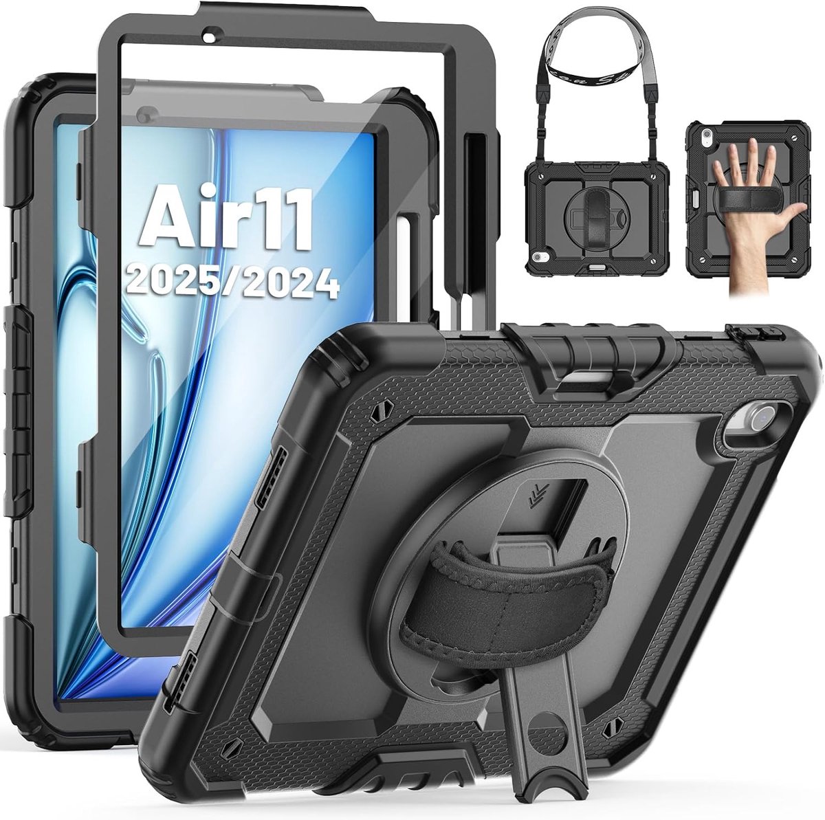Zandarix Geschikt voor Apple iPad Air 11 inch M3 2025 - Schokbestendig - Met Schermbeschermer - Pennenhouder - 360° Draaibaar - Standaard/Handriem en Schouderband - Tablethoes - Zwart