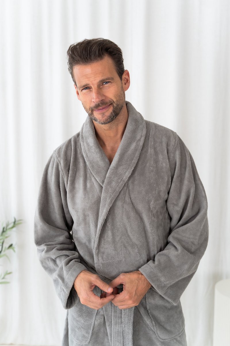 Casilin - Badjas Teddy voor Dames en Heren - Maat L - Voor Volwassen - Met riem - Badstof, Fleece, Katoen - Absorberend - Wasmachinebestendig - Grijs