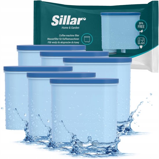 Zes lichtblauwe waterfilters met blauwe dop, met waterstralen en druppels, Sillar logo en "BPA FREE" op verpakking.