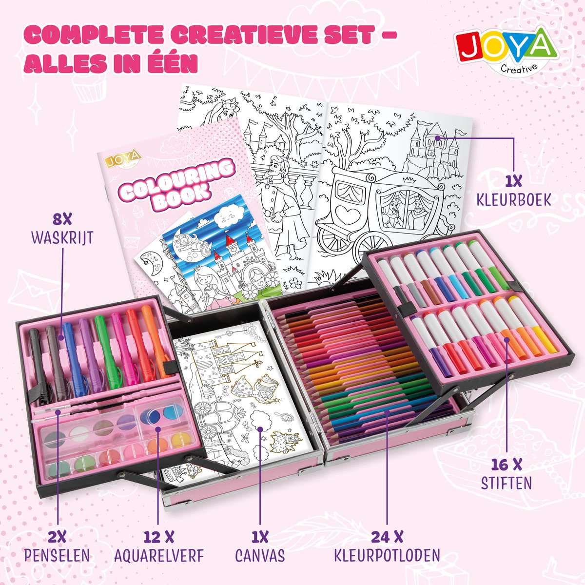Luxe Kleurkoffer voor Meisjes - Aluminium Schilder- en Teken Koffer - Stiften, Kleurpotloden, Markers, Aquarel Napjes, Krijtjes, Penselen, Canvas & Kleurboek - Creatief Knutselpakket in Koffer - Cadeau voor meisjes vanaf 3 jaar - Joya Creative — afbeelding 11