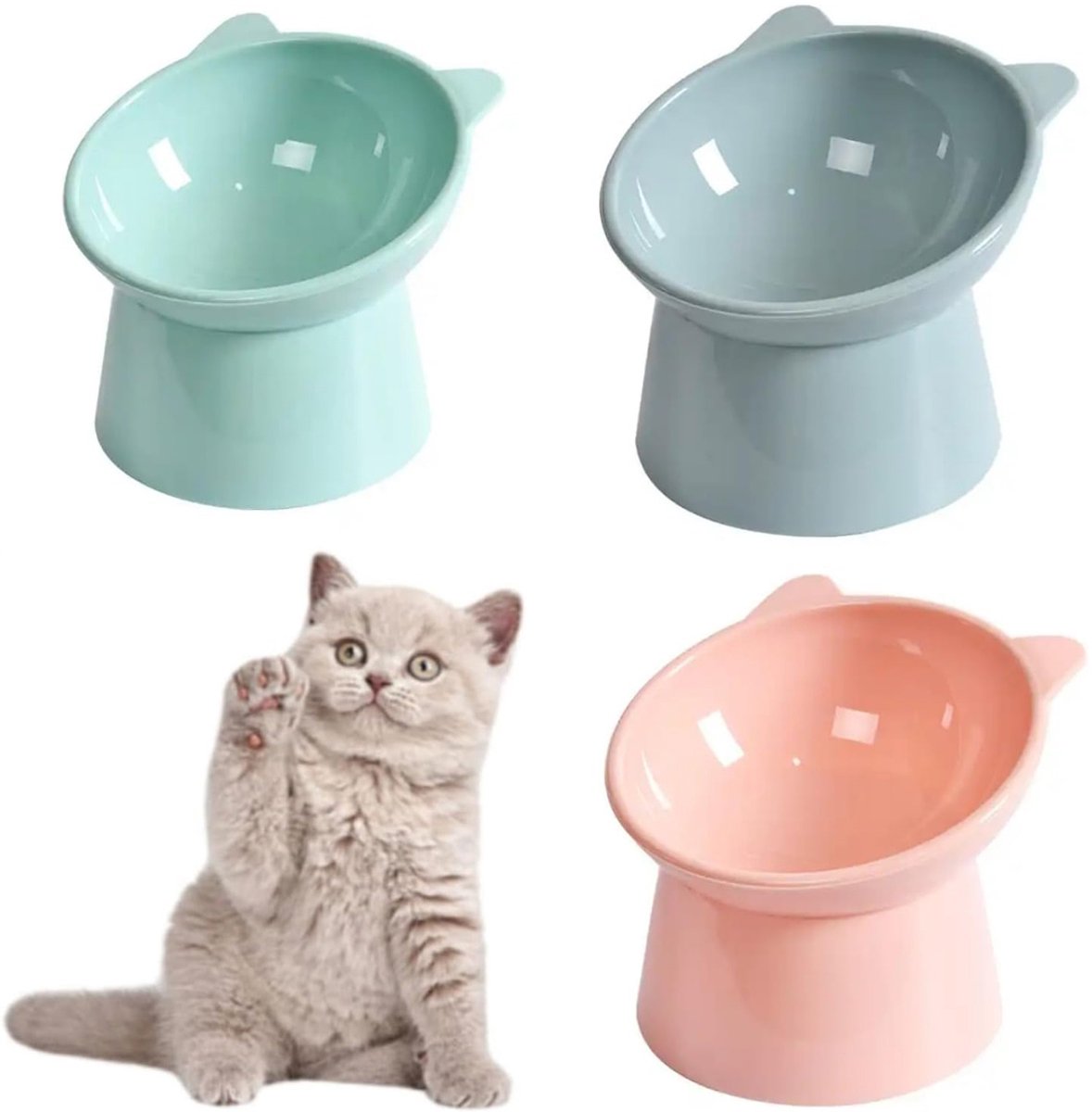 longziming -3-delige Kattenvoerbak Set – Anti-Braken, Verhoogde Kattenvoerbak met 15° Schuin Design voor Eten en Drinken – Inclusief Roze, Grijs en Groen