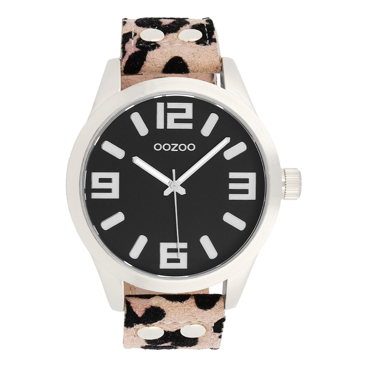 OOZOO Timepieces - Zilverkleurige horloge met bruine leren band - C0901