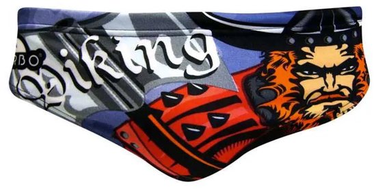Maillot de bain noir et orange avec imprimé Viking. Texte 'Viking' en lettres blanches.