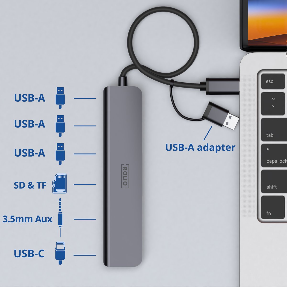 USB-C hub 8-poorts met 4x USB-A, 2x SD/TF kaartlezer, 3.5mm Aux, USB-A converter – universeel, compact, space grey - Afbeelding 2
