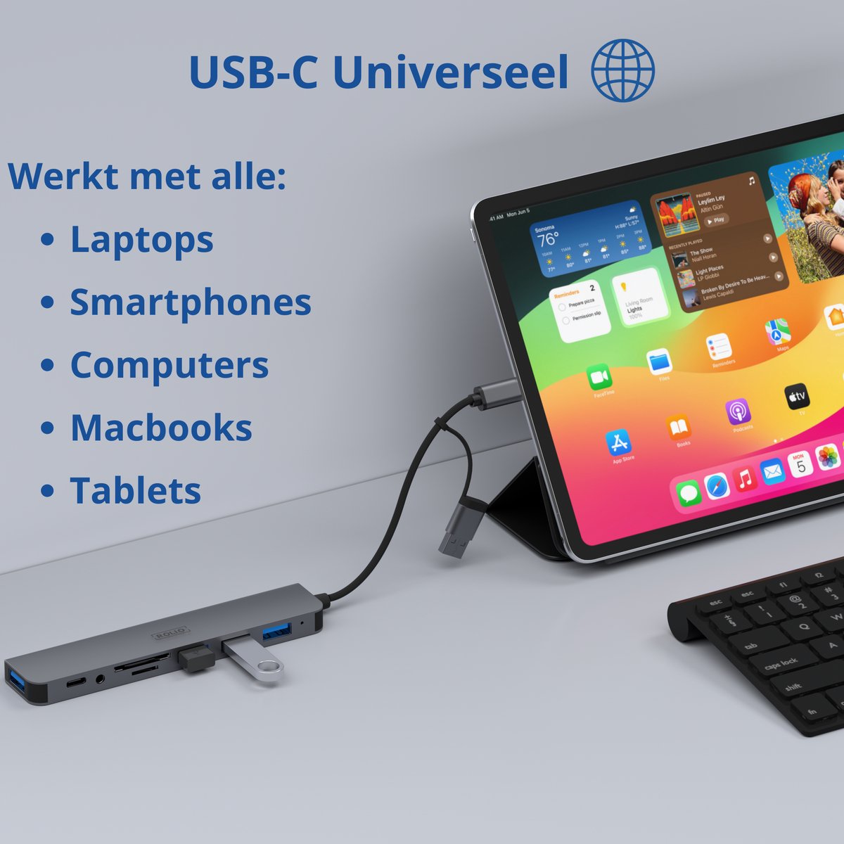 USB-C hub 8-poorts met 4x USB-A, 2x SD/TF kaartlezer, 3.5mm Aux, USB-A converter – universeel, compact, space grey - Afbeelding 4