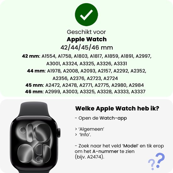 Grafiek die aangeeft dat dit bandje geschikt is voor Apple Watch 42/44/45/46 mm modellen.