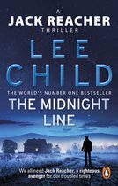 Boekcover van 'The Midnight Line' door Lee Child. Een Jack Reacher thriller, de wereldwijde bestseller. De afbeelding toont een landschap bij nacht met een huis en een man.