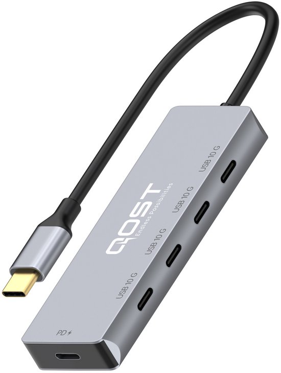 Zilverkleurige USB-C hub met 5 poorten, USB 10G en PD.