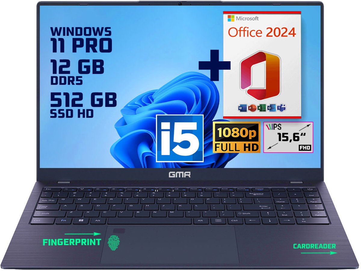 GMR | Elegante 15.6-inch Laptop voor Professionals | Intel i5 Processor - 12GB DDR5 RAM - 512GB M.2 SSD | Perfect voor Office & Zakelijk Gebruik (Windows 11 Pro + Office 2024)