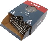Een open kartonnen doos met 110 stuks schroeven van RVS, 4,8 x 75mm, met TX20 aandrijving.