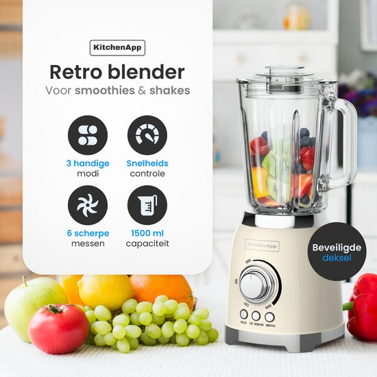 KitchenApp Retro Blender 1.5L – Glazen kan – 800W – Crushed Ice, Smoothie & Pulse – Beige van KitchenApp — afbeelding 3
