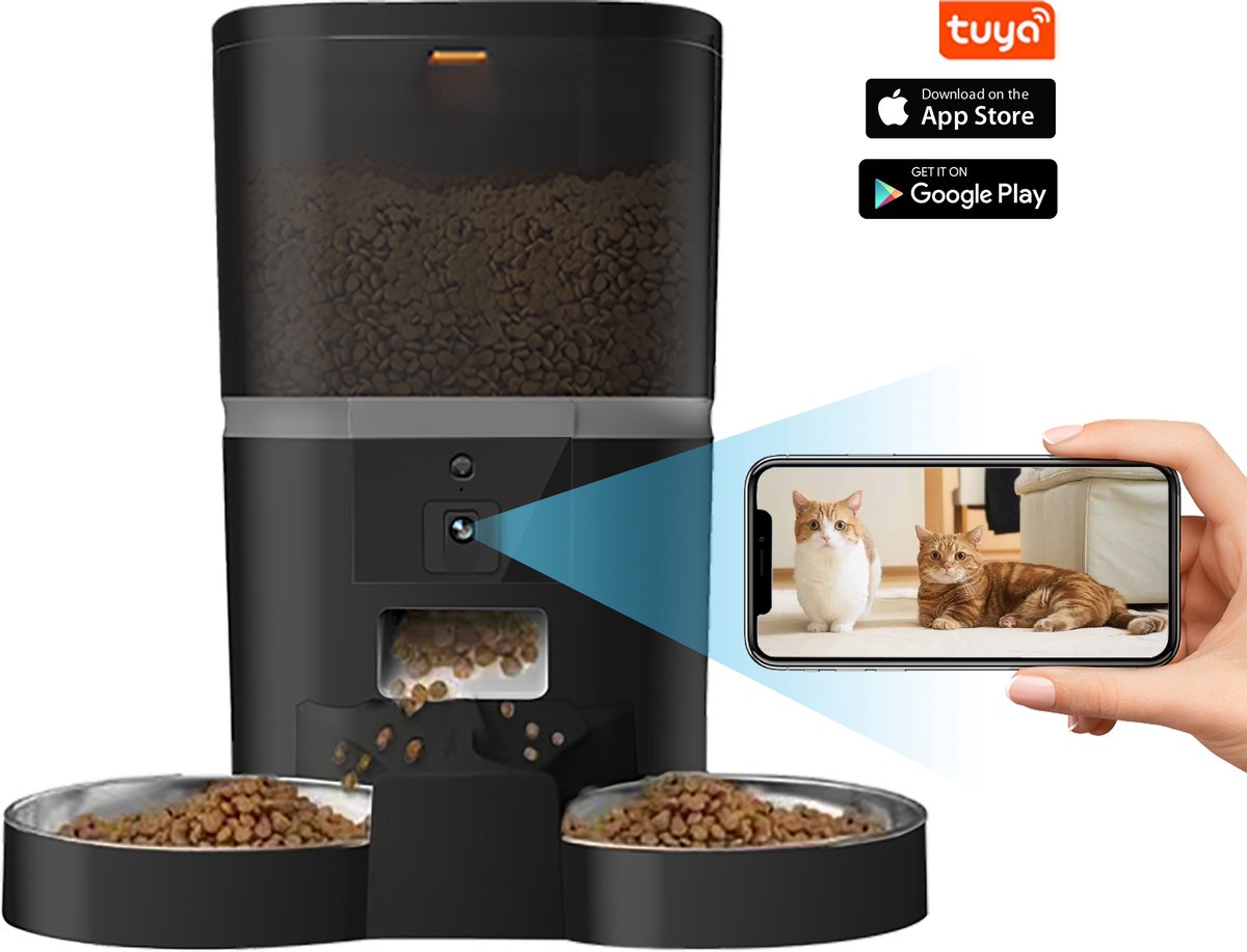 Automatische Kattenvoerbak – 6 Liter – Slimme Dubbele Voerbak – WiFi – App-bediening – Droogvoer Dispenser – Voor Katten en Kleine Honden – Zwart