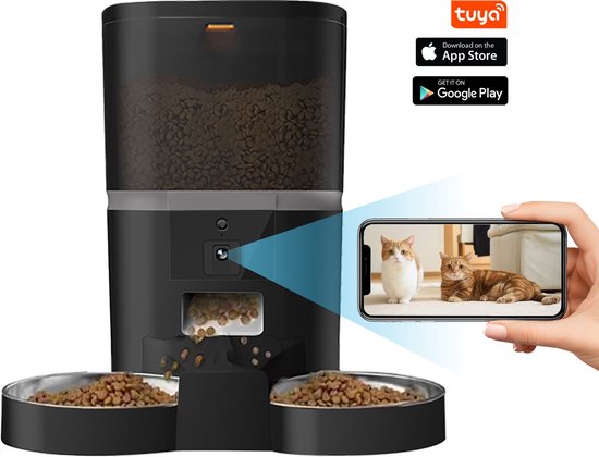 Automatische Kattenvoerbak – 6 Liter – Slimme Dubbele Voerbak – WiFi – App-bediening – Droogvoer Dispenser – Voor Katten en Kleine Honden – Zwart - Automatische - €99,95