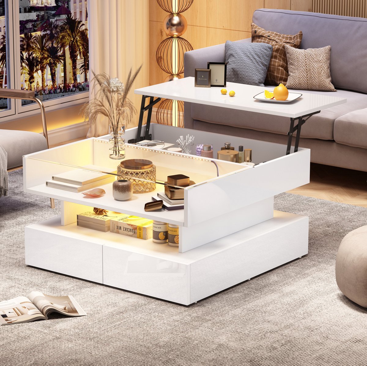 STILVORA Salontafels Koffietafel - Woonkamer Tafel met 2 Laden en LED-Licht - 80x80x45 cm - Spaanplaat - Wit