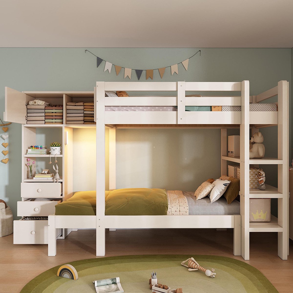 KOMHTOM BLACKCOLORS - Stapelbed 90x200 cm - Met Slim Nachtlampje - Opvallend Design met Kast, Plank en Lades - Veel Opbergruimte - Wit - EN747-1:2024