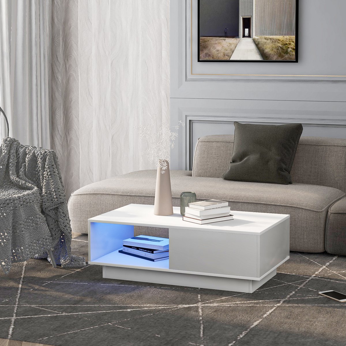 STILVORA Salontafels - Vorm 95x55x32 cm - Rechthoekige Salon Tafel Met LED - Hoogglans Voor Modern Interieur - MDF - Wit