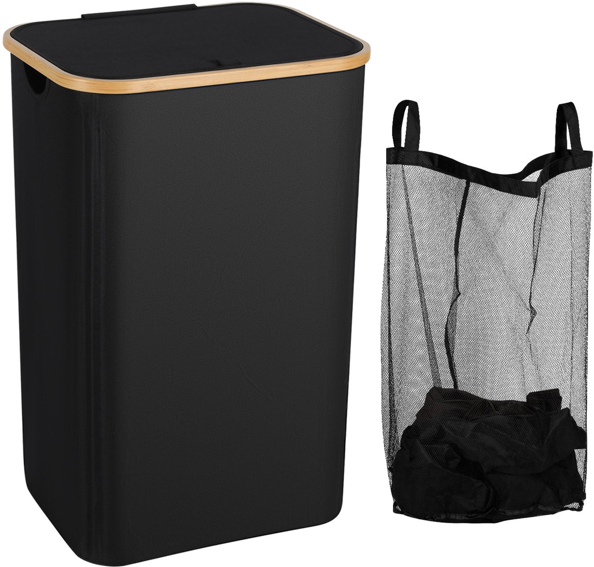 Wasmand , Waszakken ,Natuurlijk Bamboe Wasmand met Deksel, 100L Zwart