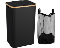 Wasmand , Waszakken ,Natuurlijk Bamboe Wasmand met Deksel, 100L Zwart