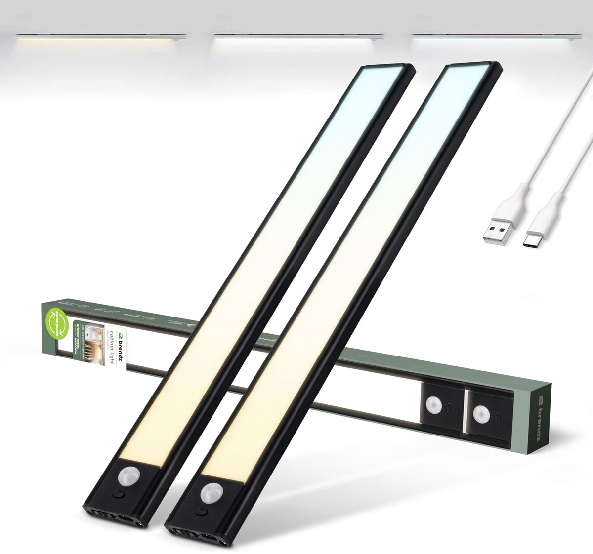 Brendz Keukenverlichting Onderbouw LED, Onderbouwverlichting, 2 x 40cm, USB-C Oplaadbare Led-Strip, 2200mAh, 3 Kleurtemperaturen, Dimbaar, Magnetisch, Keukenverlichting Draadloos, Kastverlichting, Puyo Zwart