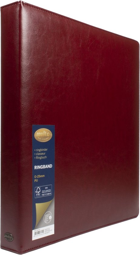 Bordeauxrode Multo ringband van kunstleder, A4, met label 'RINGBAND O-25mm PU' en Multo logo.