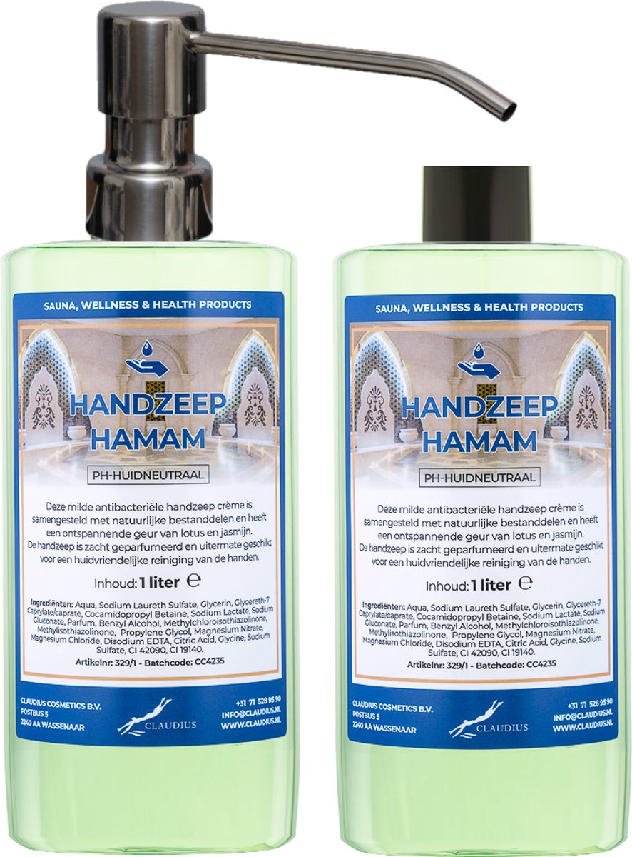 Handzeep Hamam 500 ml - set van 2 stuks - met gratis RVS zilverkleurige pomp - Voordeelverpakking