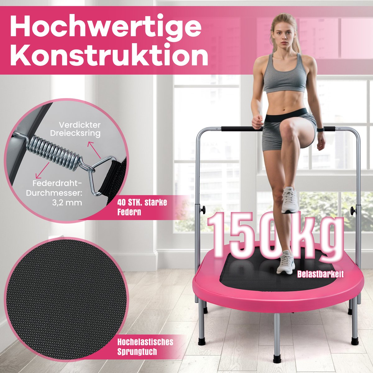 COSTWAY Trampoline voor 2 personen met in hoogte verstelbare handgreep, mini-trampoline tot 150 kg belastbaar, kindertrampoline inklapbaar, tuintrampoline voor kinderen en volwassenen (roze) — afbeelding 4