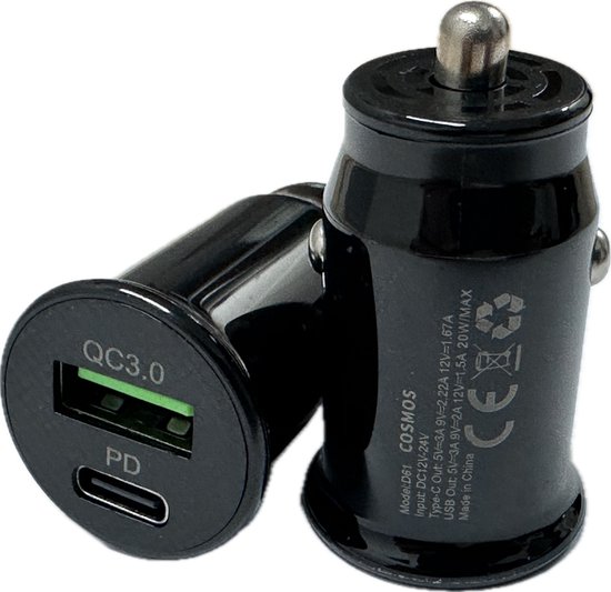 COSMOS 20W Autolader USB C + USB - Auto Snellader oplader - Compact design - Zwart - 2X aansluitingen - Universeel - Auto lader