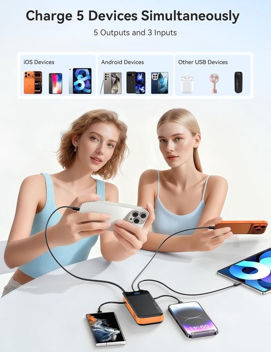 Sounix Powerbank 30 000 mAh avec câbles - Lightning, USB A, USB C & Micro USB - Chargeur rapide 22,5 W et affichage LED de la batterie - Convient pour iPhone & Samsung - Zwart/ Oranje