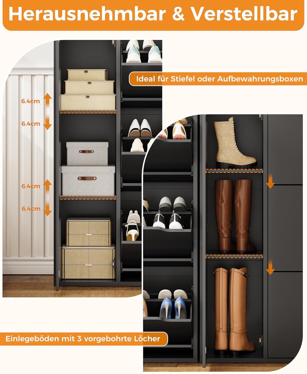 Schoenenkast met 3 Kleppen – HomeByNicole Luxe Smalle Schoenenkast Zwart 77x30x112 cm – Moderne Vrijstaande Schoenencommode met Deur, Verstelbare Planken & Anti-Kantel Beveiliging – Ruimtebesparend Schoenenrek voor Entree, Hal of Woonkamer