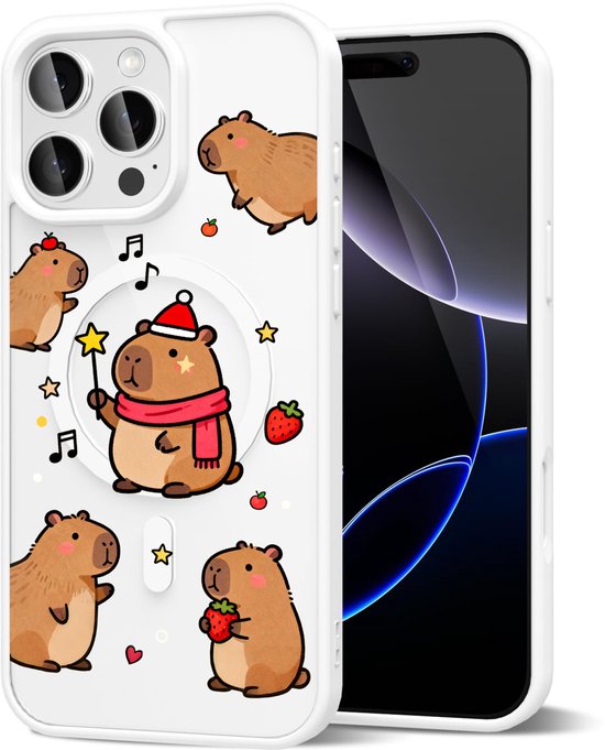 Namajunas - Coque compatible avec iPhone 16 Pro Max - Coque compatible avec Apple iPhone 16 Pro Max MagSafe - Transparente, magnétique et inaltérable - Protection hybride en silicone souple et plastique rigide - Capybara, Capybara de Noël - Wit