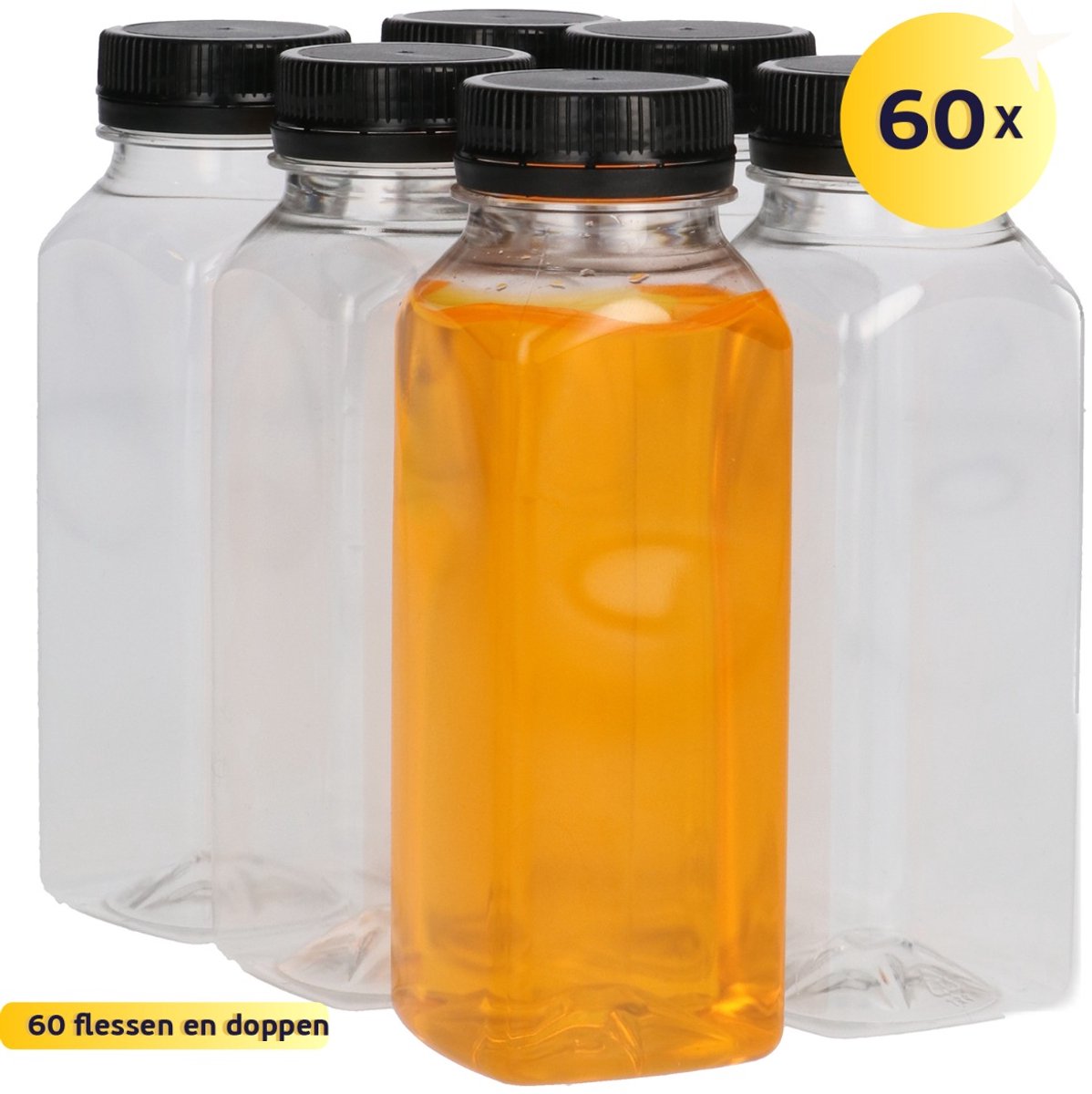 60 x Sapfles Plastic 125 ml - Vierkant - PET Flessen met Dop Zwart- PET Kunststof BPA-vrij - Plastic Flessen Navulbaar - Met Dop - Lege Flessen - 60 stuks
