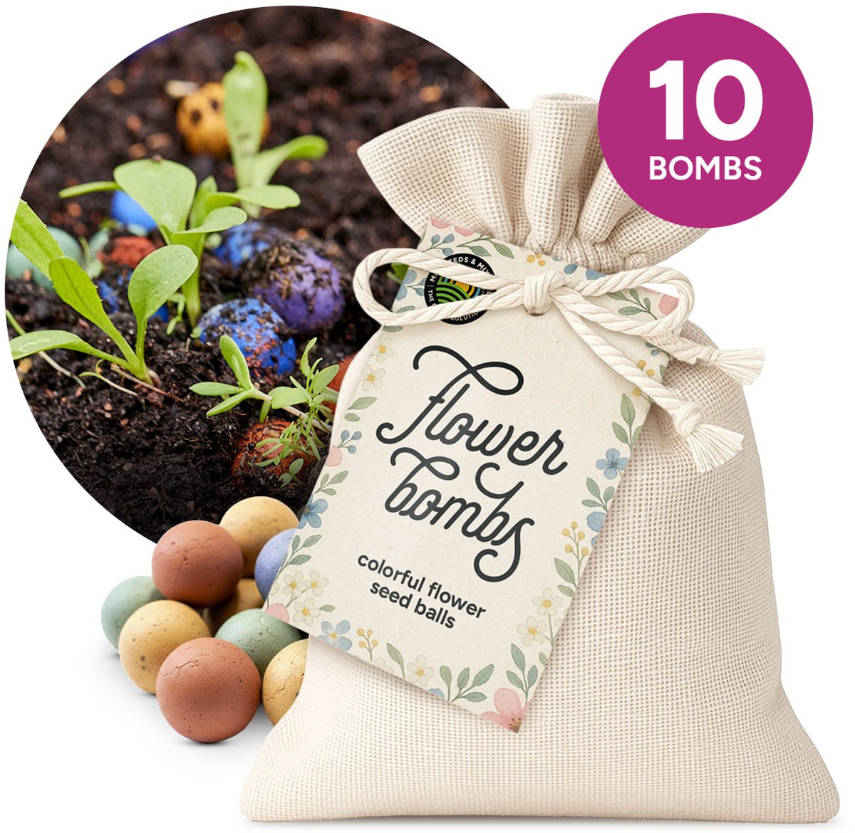 Flower Bombs - Zaadbommen mix - 10 stuks - In katoenen zakje - Biologische wilde bloemzaden - Handgemaakte bloembommetjes - Ook leuk als cadeau of relatiegeschenk