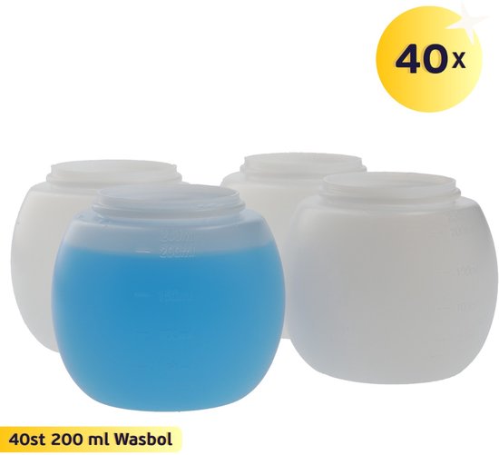 Quatre gobelets doseurs blancs, un rempli de liquide bleu. Texte : '40x' et '40 pièces 200 ml Gobelet à lessive'.