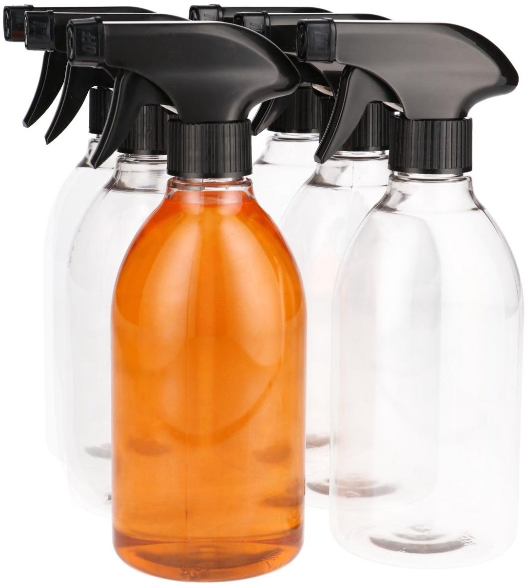 6 x 500 ml Ronde fles 100% gerecycled PET transparant met zwarte trigger spraypomp- Gerecycled PET - tot 60% minder Co2 uitstoot - 6 stuks