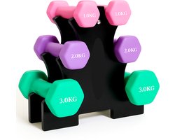 BOTC Dumbbellset - Halterset - Dumbells - Gietijzer - 1/2/3 kg - Roze/Paars/Groen