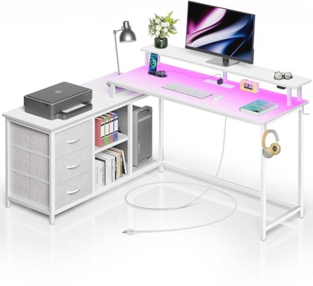 L-vormig computerbureau met LED-verlichting en oplaadpunten voor thuiskantoor