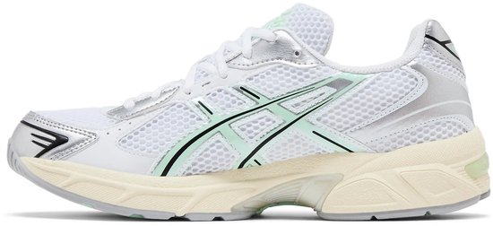 Witte Asics Gel-1130 sneakers met mintgroene en zilveren accenten.