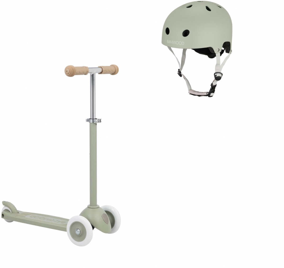 Banwood Eco Scooter + Eco Fietshelm - Olive - kinderstep - kinder helm - voordeelset