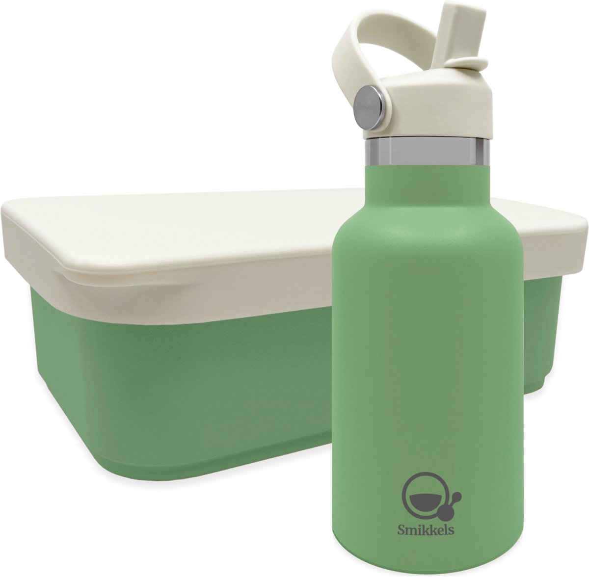 Smikkels - RVS Lunchset thermos/siliconen - Met vernieuwde rietjes dop en siliconen deksel - Groen - Schoolset kind