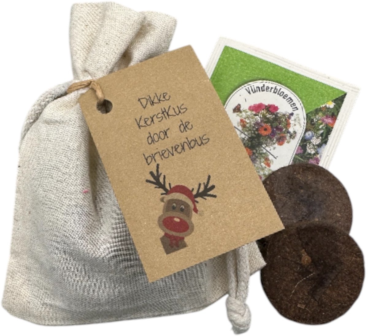 stoffen zakje, Dikke Kerstkus door de brievenbus, bloemenzaden, kerstkadootje, kerstattentie, tuinieren, bloemen,klein kadootje,brievenbuskadootje,