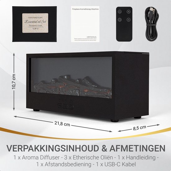 Inhoud: 1 aroma diffuser, 3 etherische oliën, handleiding, afstandsbediening, USB-C kabel. Afmetingen: 21,8 x 8,5 x 10,7 cm.