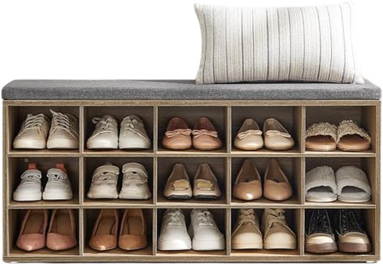 MAZAZU Armoire à chaussures - Banc à chaussures avec coussin d'assise - Banc d'entrée en bois - Chêne/Gris - 30x105x48cm