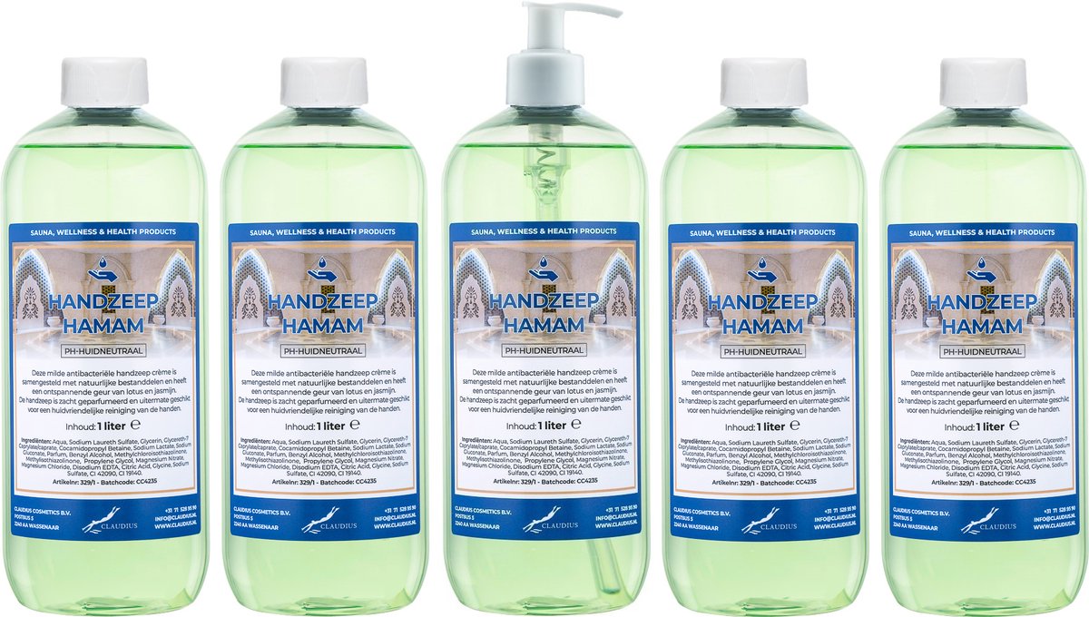 Handzeep Hamam 1 liter - set van 5 stuks - met gratis pomp - Voordeelverpakking