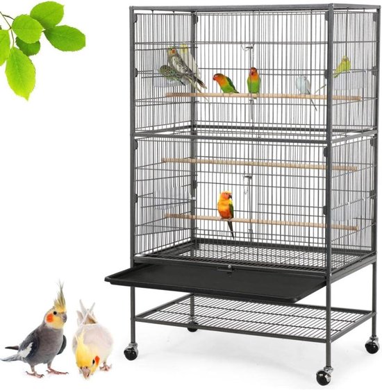 VIN® Vogelkooi - Vogelkooien Voor Binnen & Buiten - Voliere Met Opvangbak Voor Gemakkelijke Reiniging - Papegaaienkooi Op Wieltjes - Parkietenkooi - Kooi – Vogelhuis – Vogelvoliere - 79 x 51.8 x 132 cm