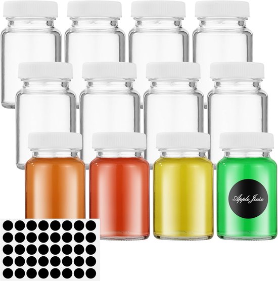 Set van 12 lege glazen flesjes met witte dop, vier met gekleurde vloeistof: oranje, rood, geel en groen, met zwarte stickers.